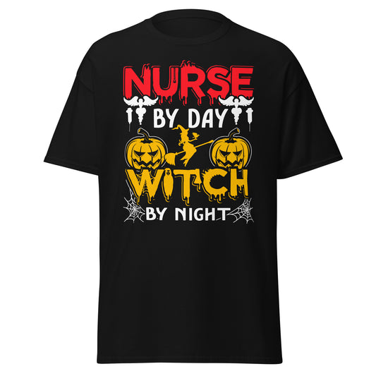 Krankenschwester bei Tag, Hexe bei Nacht, Halloween-Design, weiches T-Shirt aus schwerer Baumwolle