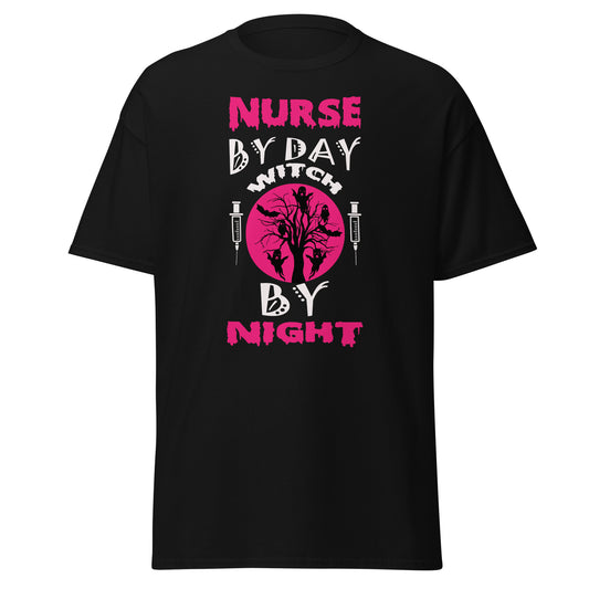 Krankenschwester bei Tag, Hexe bei Nacht, Halloween-Design, weiches T-Shirt aus schwerer Baumwolle