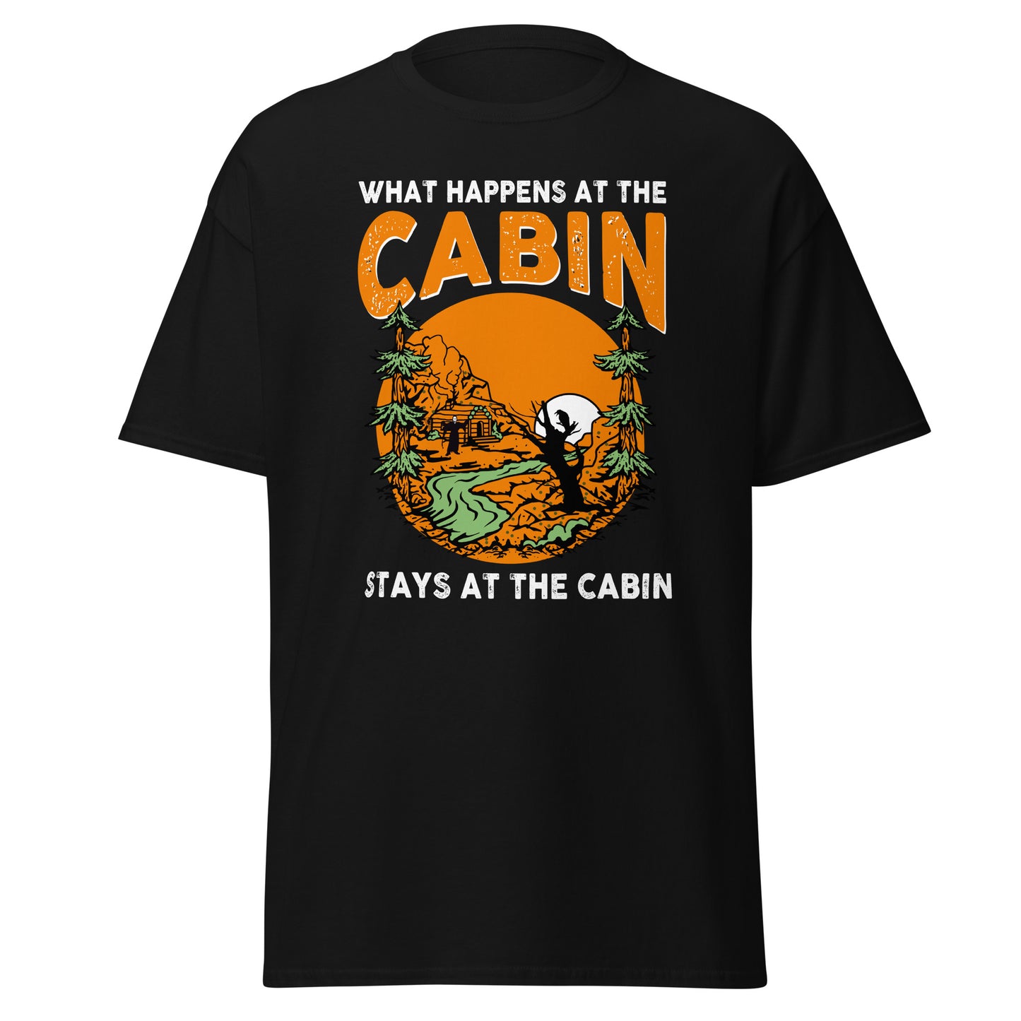 What Happens in The Cabin Stays in The Cabin, Halloween-Design, weiches T-Shirt aus schwerer Baumwolle