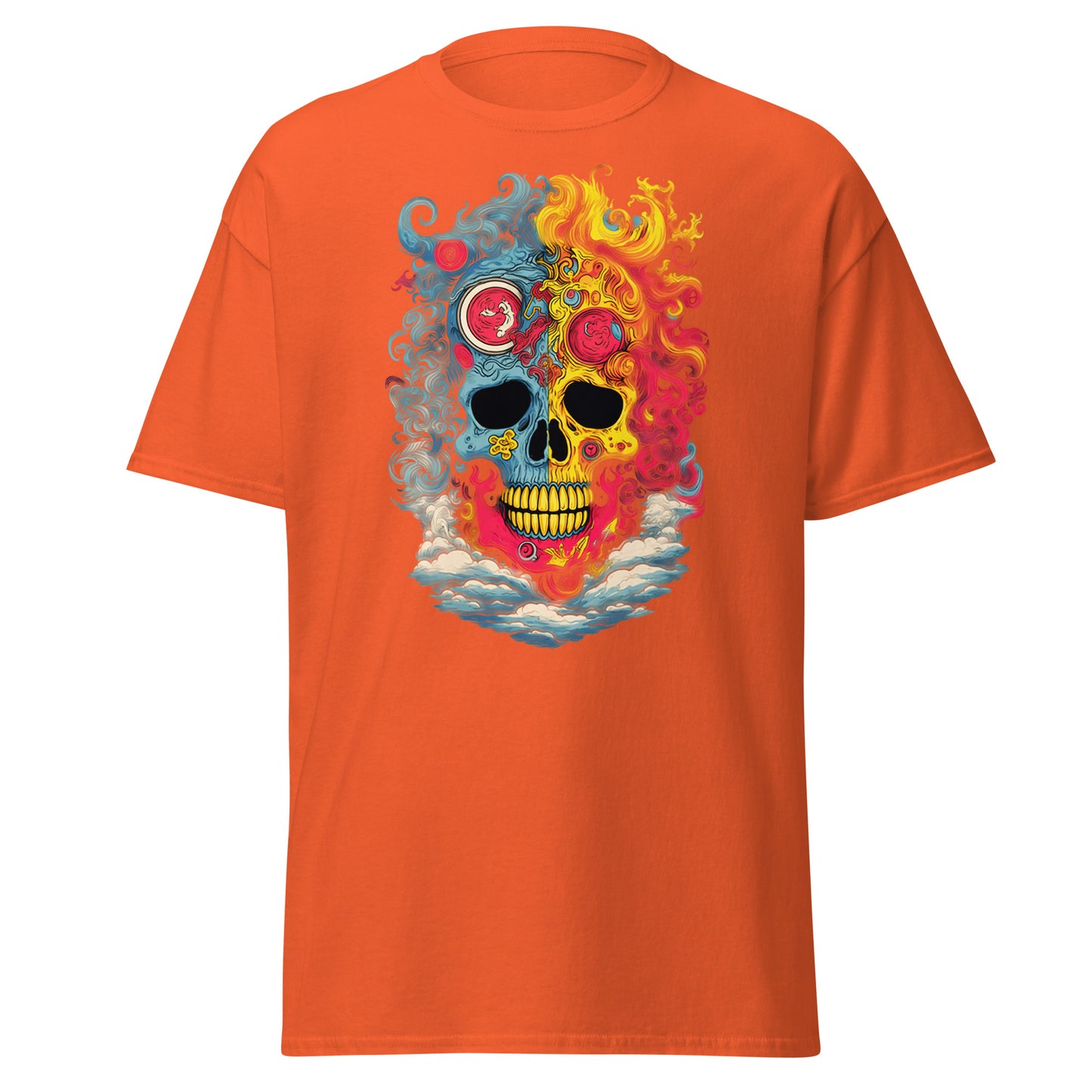 Camiseta de algodón pesado con diseño de calavera explotada y estilo suave de Halloween