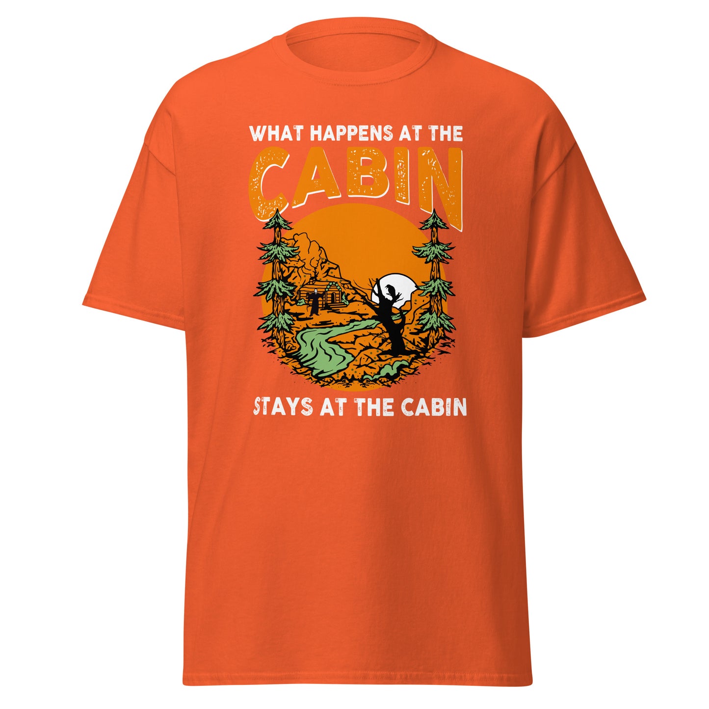 What Happens in The Cabin Stays in The Cabin, Halloween-Design, weiches T-Shirt aus schwerer Baumwolle