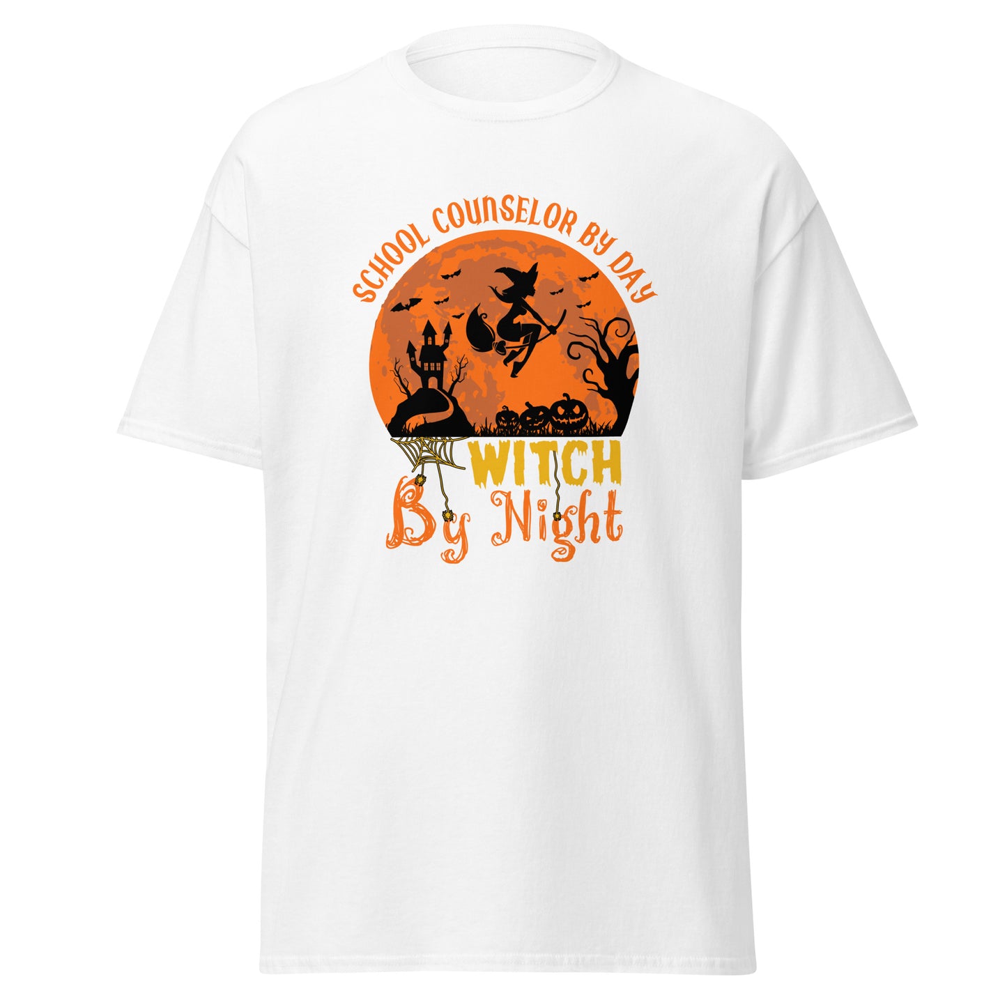 Schulberater bei Tag, Hexe bei Nacht, Halloween-Design, weiches T-Shirt aus schwerer Baumwolle