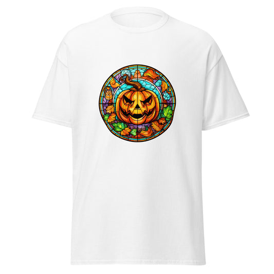 Buntglas-Halloween-Kürbis, Halloween-Design, weicher Stil, schweres Baumwoll-T-Shirt