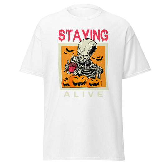 Staying Alive On Halloween, camiseta de algodón pesado de estilo suave con diseño de Halloween