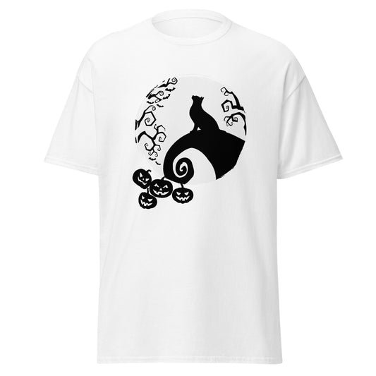 Top Katze und Mond, Halloween-Design, weiches T-Shirt aus schwerer Baumwolle