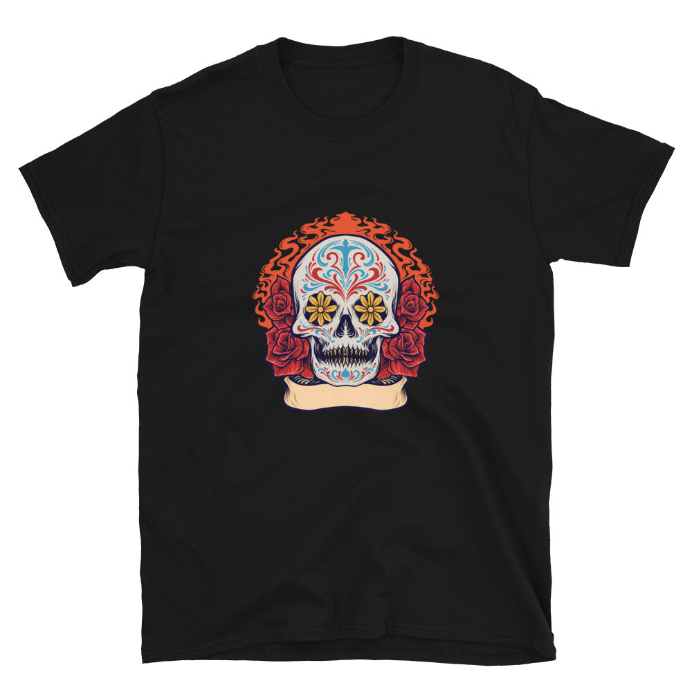Sugar Skull Dia De Los Muertos with Roses Fit Unisex Softstyle T-Shirt