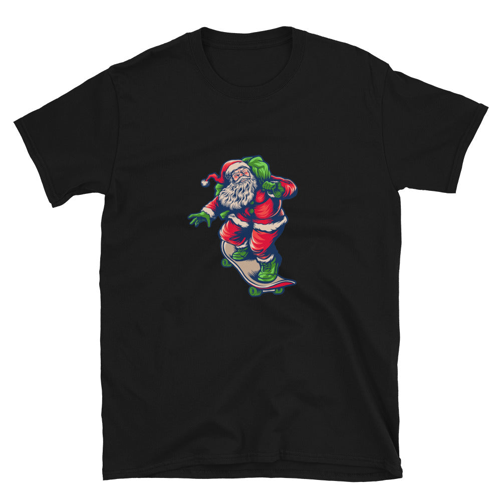 Papá Noel jugando patineta entregando feliz Navidad Fit camiseta unisex Softstyle