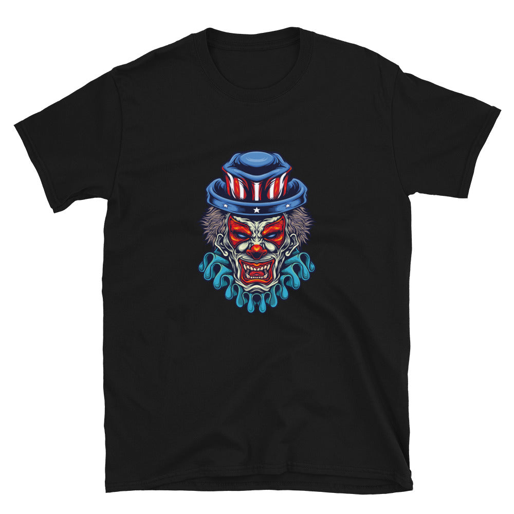 Spooky Clown With American Flag Hat Fit Unisex Softstyle T-Shirt