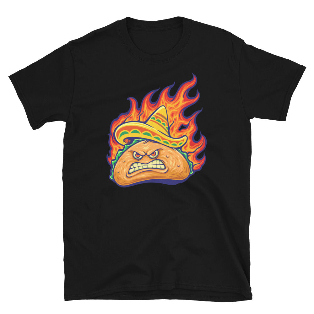 Angry delicious mexican taco with blazing fire, Fit Unisex Softstyle T-Shirt
