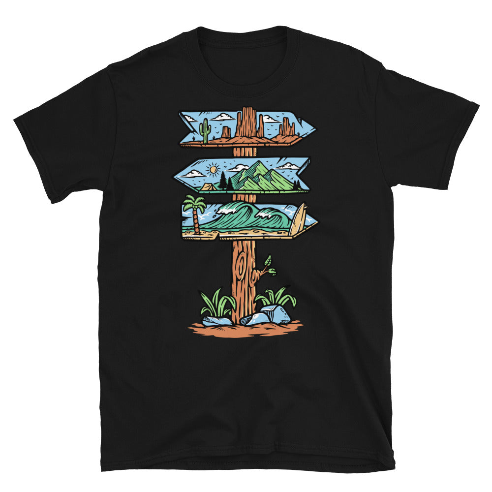 road sign to natural scenery Fit Unisex Softstyle T-Shirt