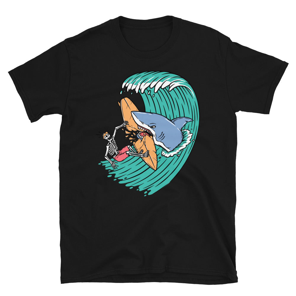 Sharks attack surfers Fit Unisex Softstyle T-Shirt