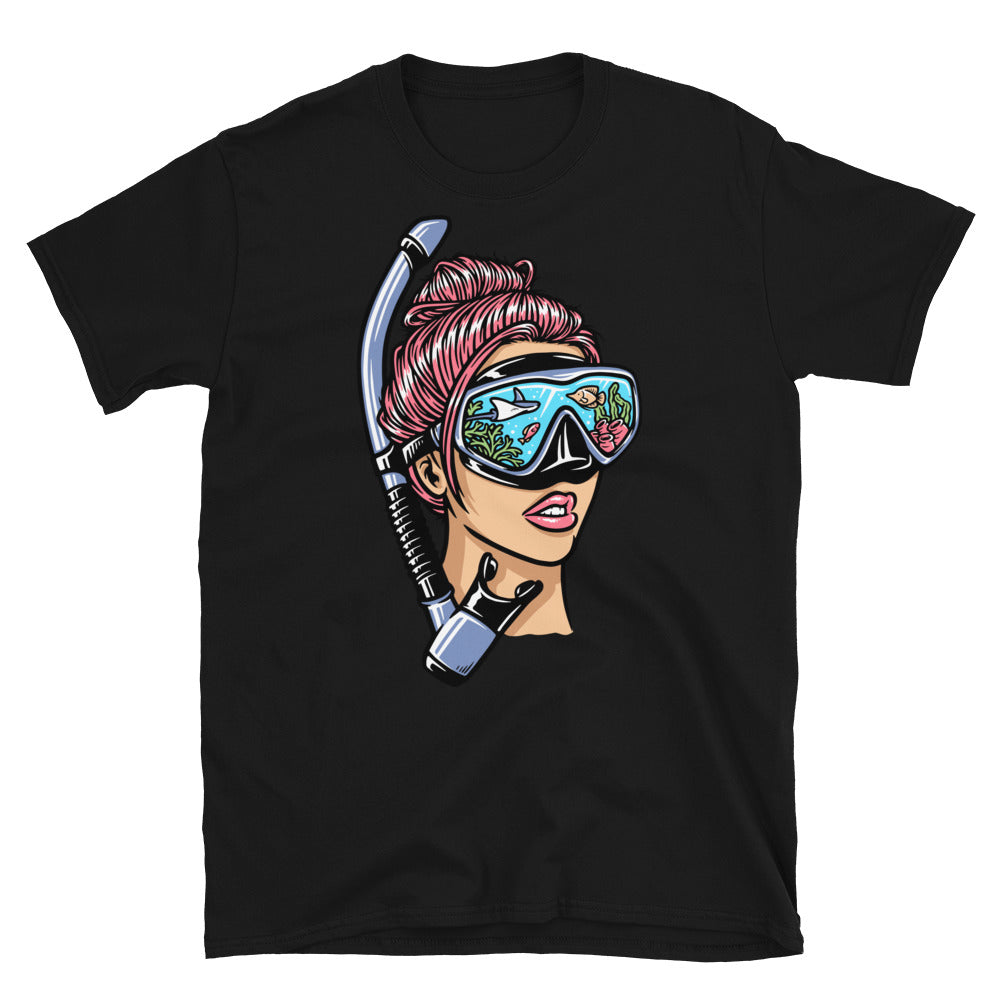 Woman with snorkeling mask for diving Fit Unisex Softstyle T-Shirt