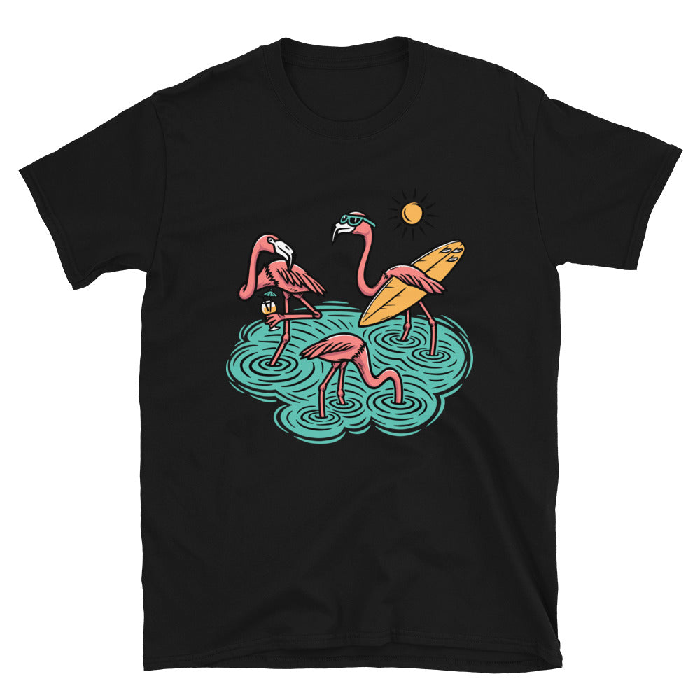 Three cute flamingos on the beach Fit Unisex Softstyle T-Shirt