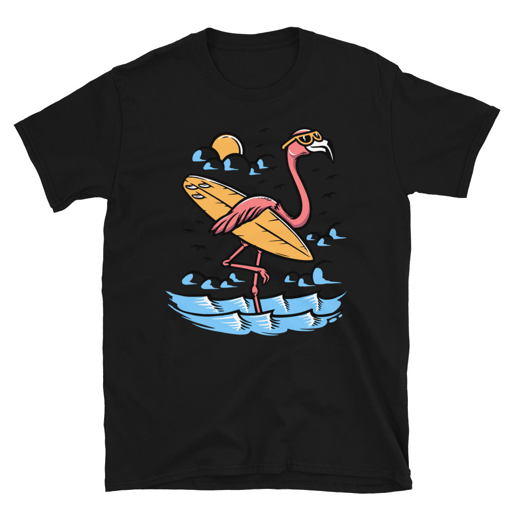 Surfer flamingo on the beach Fit Unisex Softstyle T-Shirt