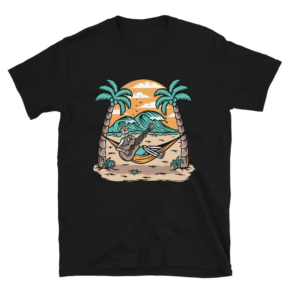 Skull playing guitar on the beach Fit Unisex Softstyle T-Shirt