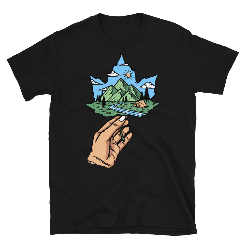 Mountain view on Maple Leaf Fit Unisex Softstyle T-Shirt