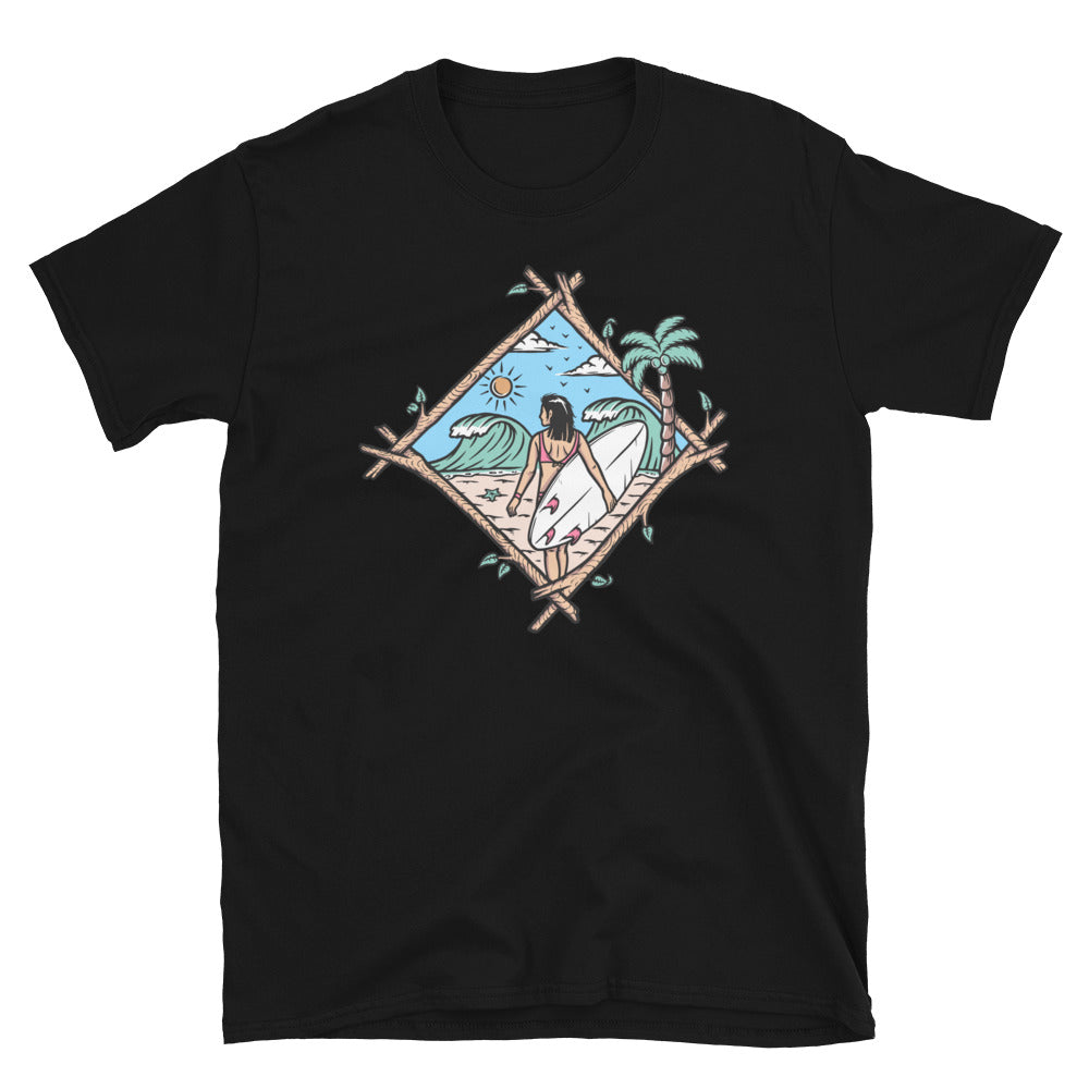 Beautiful Surfer Woman on the Beach - Fit Unisex Softstyle T-Shirt