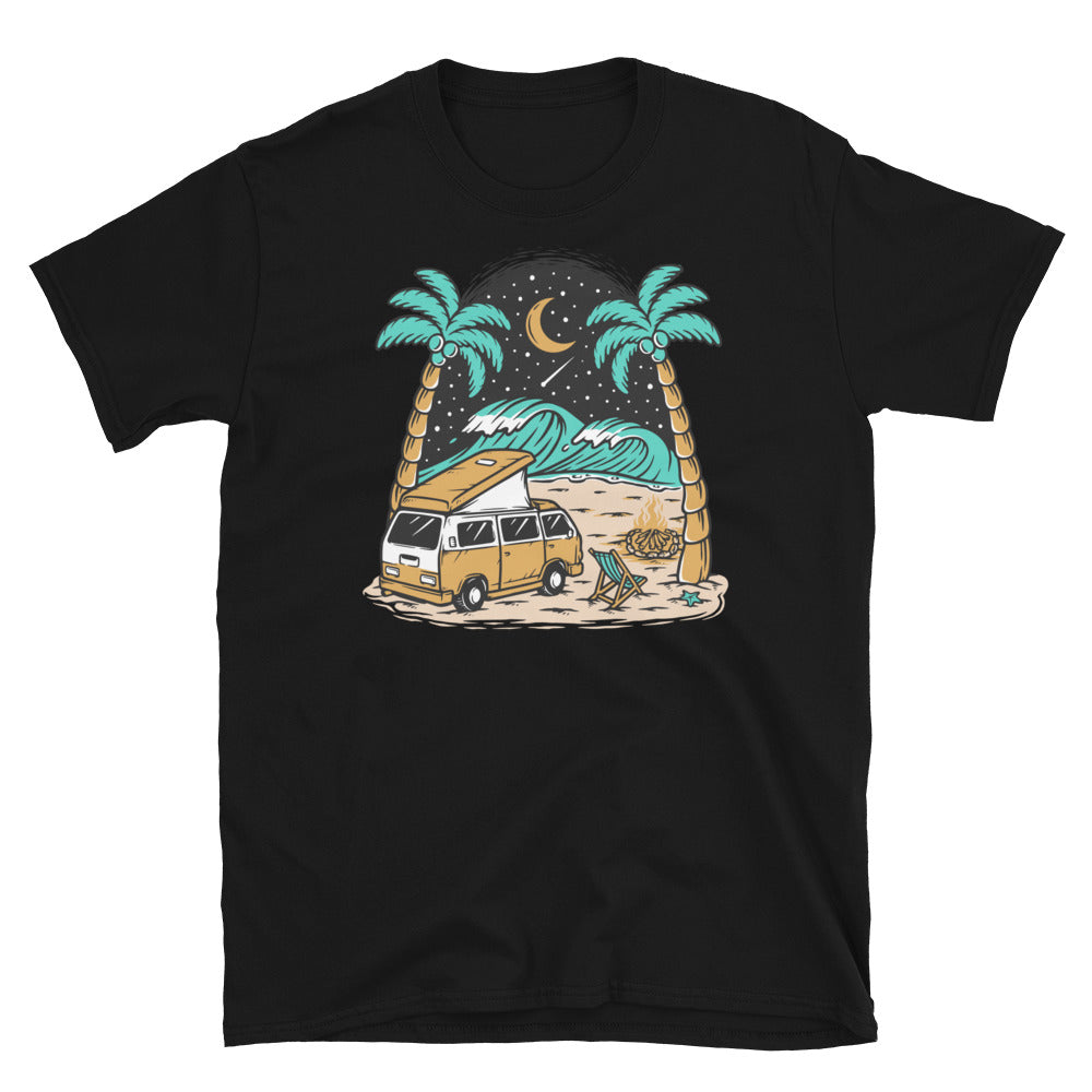 Campervan and Beach, Night View - Fit Unisex Softstyle T-Shirt