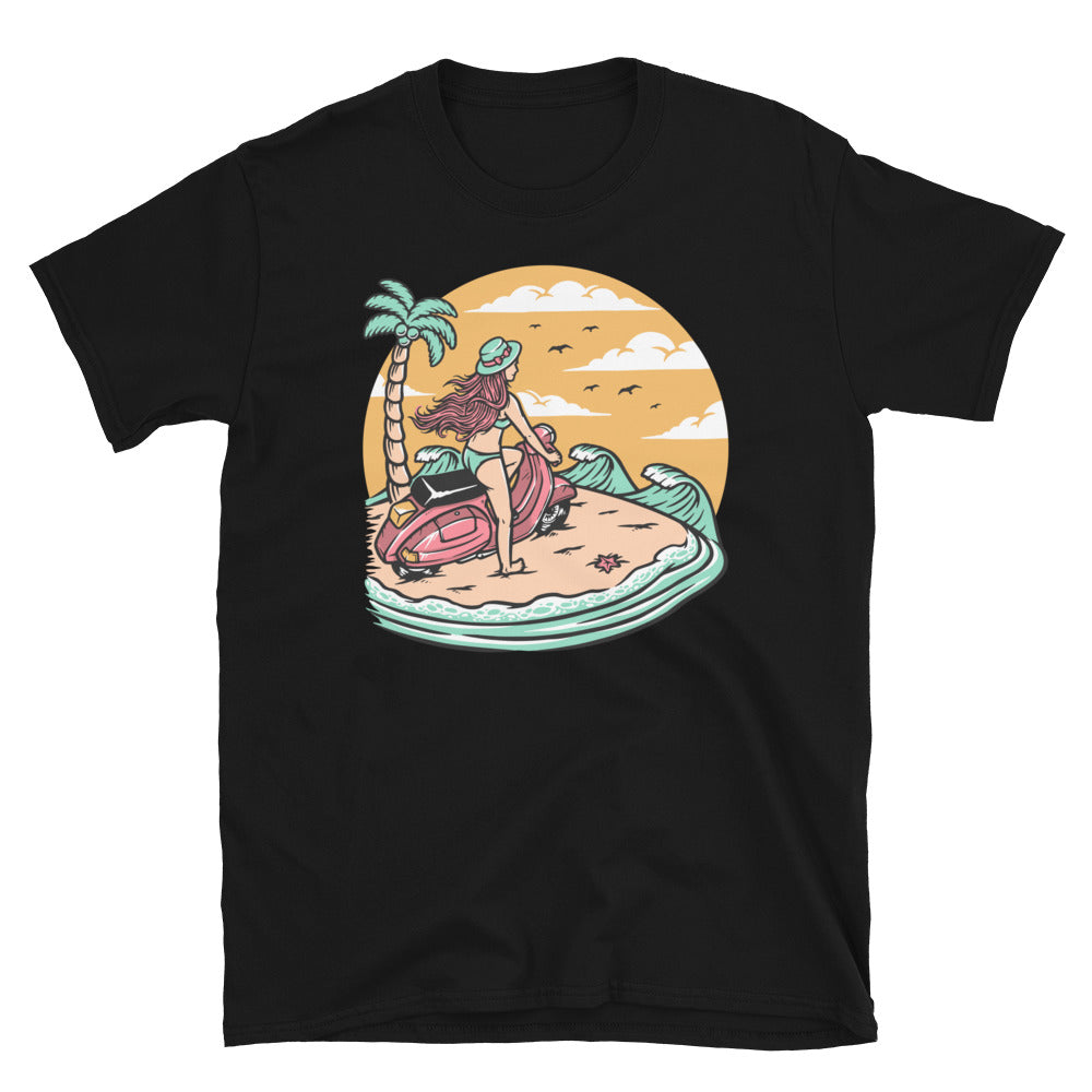 Beautiful Woman Riding a Scooter on the Beach - Fit Unisex Softstyle T-Shirt
