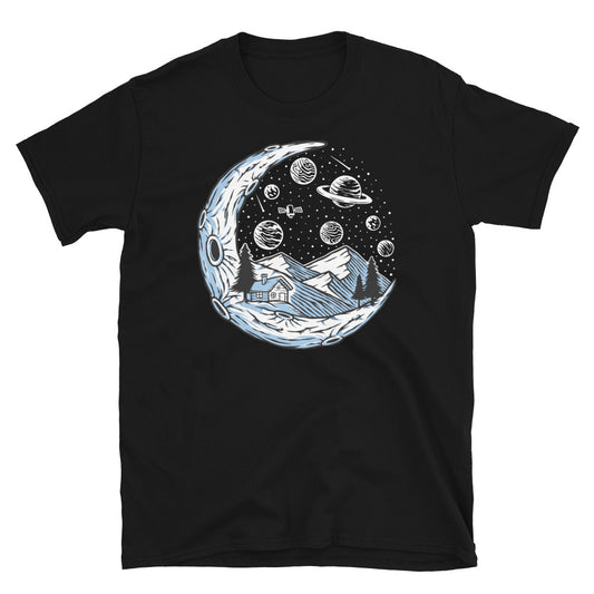 Vista nocturna de la montaña y la luna Fit Unisex Softstyle Camiseta