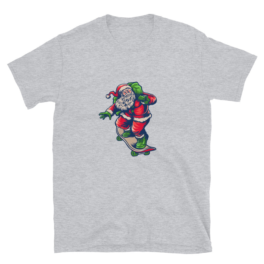 Papá Noel jugando patineta entregando feliz Navidad Fit camiseta unisex Softstyle