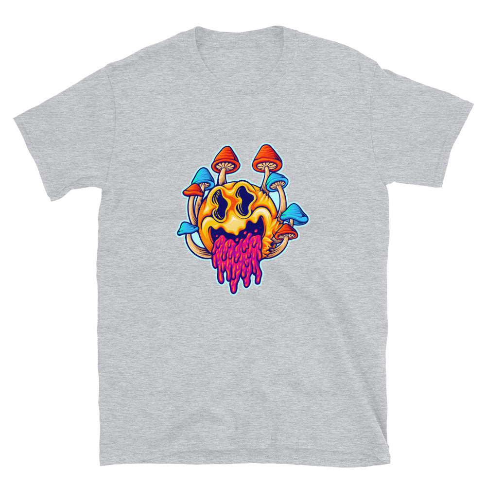 Camiseta de estilo suave unisex con dibujos animados de hongos psicodélicos aterradores y coloridos