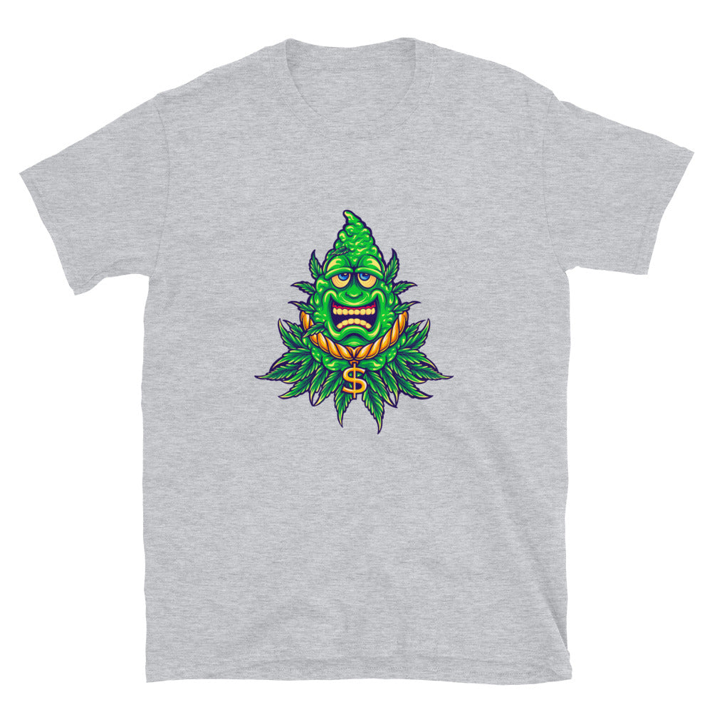 Unkrautblatt-Maskottchen, Cannabisblatt mit Bargeld, passendes Unisex-Softstyle-T-Shirt