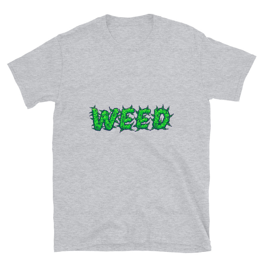 Weed-Schriftzug mit Raucheffekt. Passgenaues Unisex-Softstyle-T-Shirt