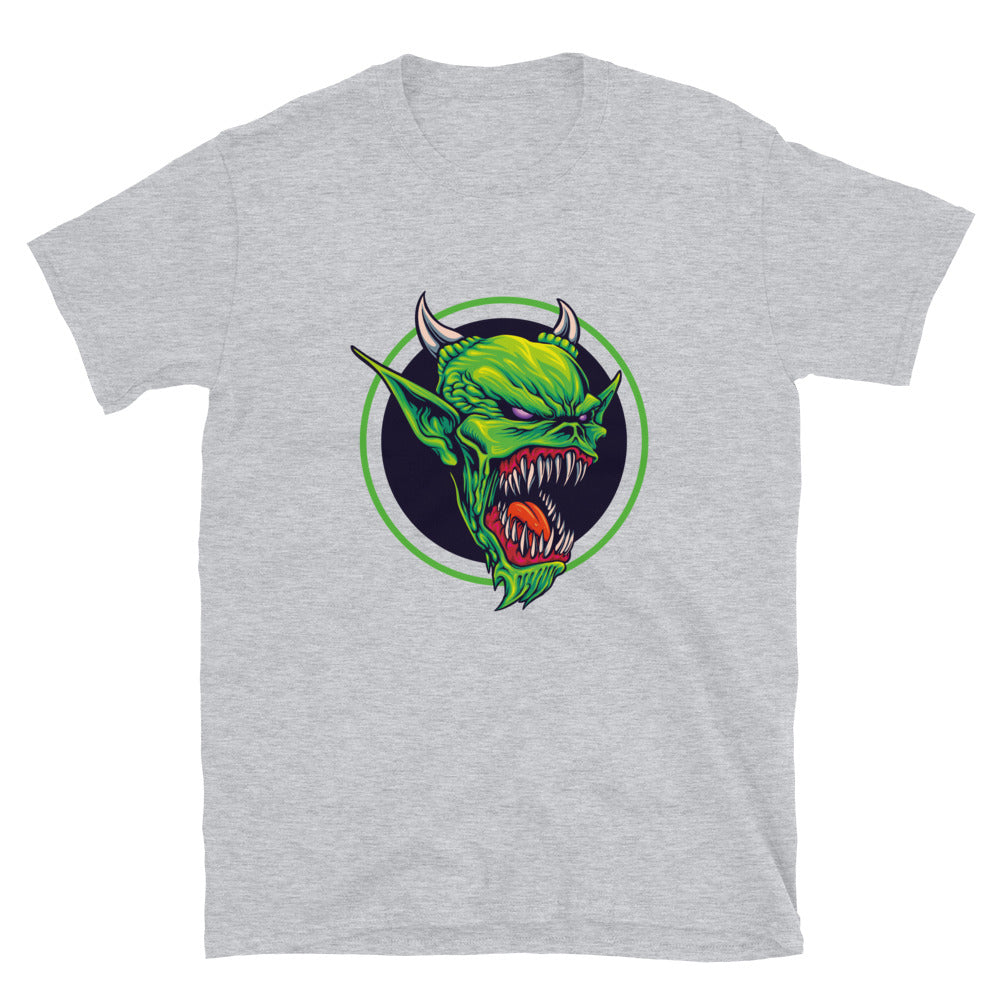 Camiseta unisex de estilo suave con diseño de mascota de ataque zombie verde aterrador