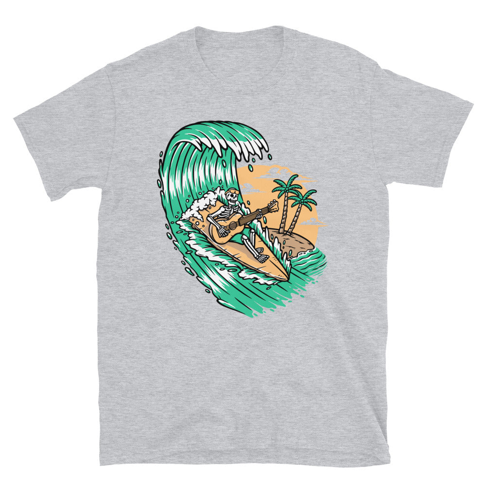 Skelett spielt Gitarre beim Surfen. Fit Unisex Softstyle T-Shirt