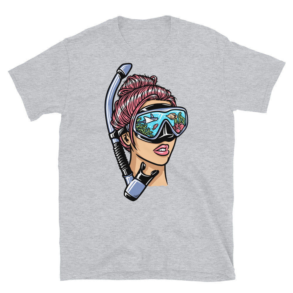 Woman with snorkeling mask for diving Fit Unisex Softstyle T-Shirt