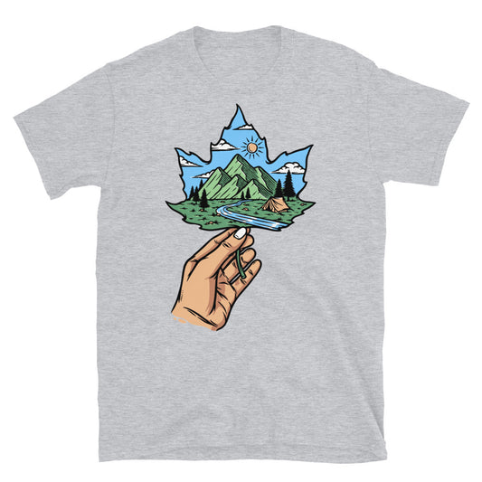 Mountain view on Maple Leaf Fit Unisex Softstyle T-Shirt