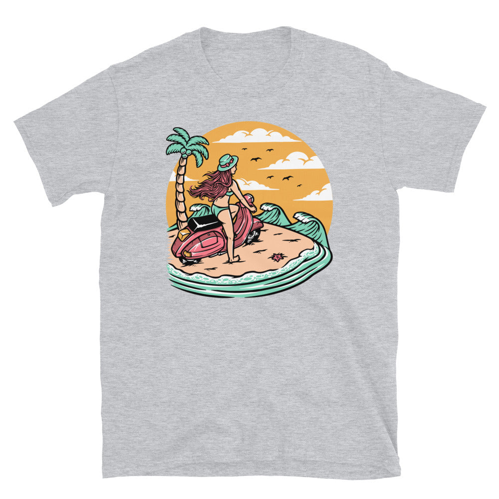 Beautiful Woman Riding a Scooter on the Beach - Fit Unisex Softstyle T-Shirt