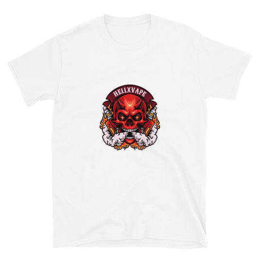 Gruseliger Totenkopf rauchendes Höllen-Vape-Maskottchen. Passgenaues Unisex-Softstyle-T-Shirt