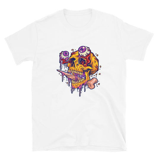 Gruseliger Totenkopfkopf mit Zombieaugen. Passgenaues Unisex-Softstyle-T-Shirt