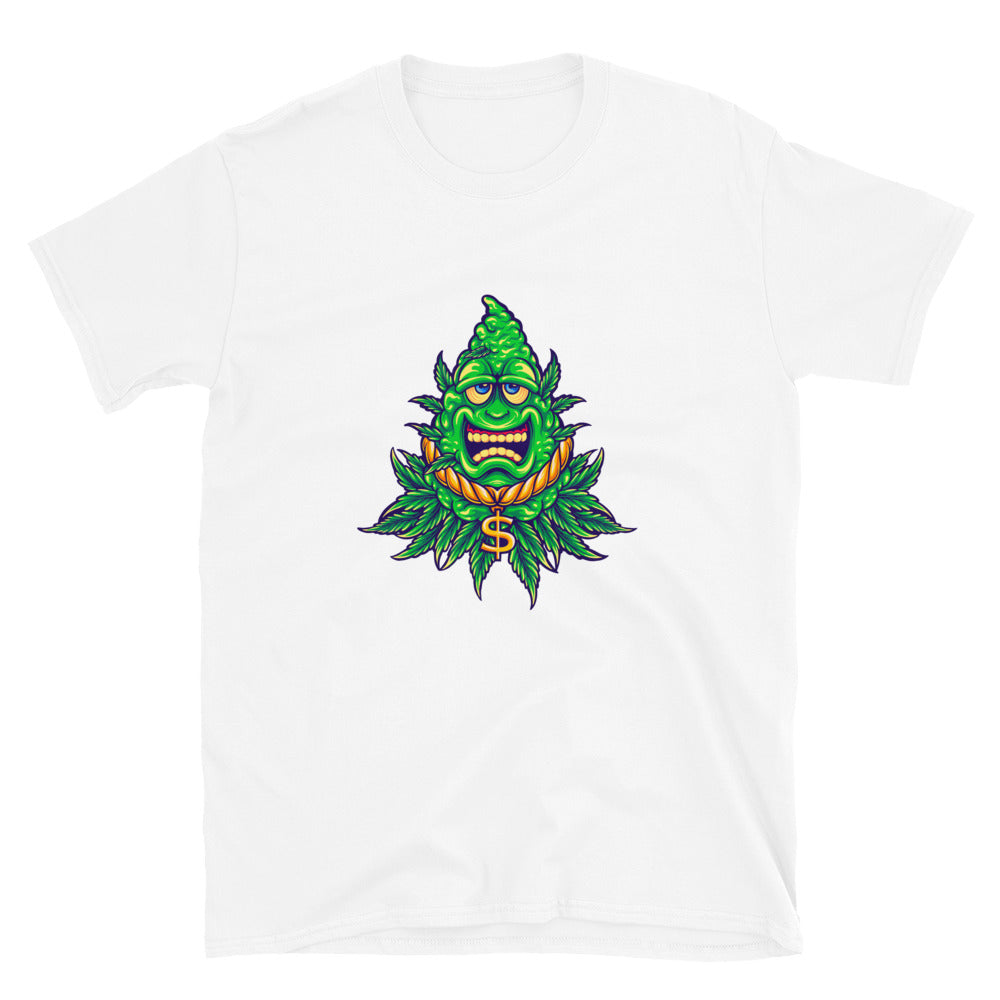 Unkrautblatt-Maskottchen, Cannabisblatt mit Bargeld, passendes Unisex-Softstyle-T-Shirt