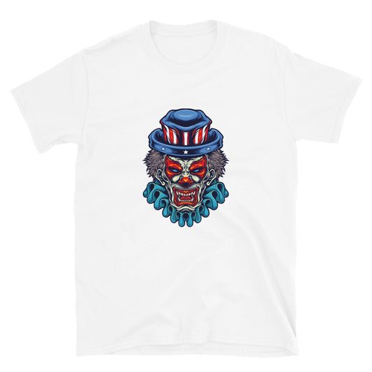 Payaso espeluznante con sombrero de bandera estadounidense apto para camiseta unisex de estilo suave