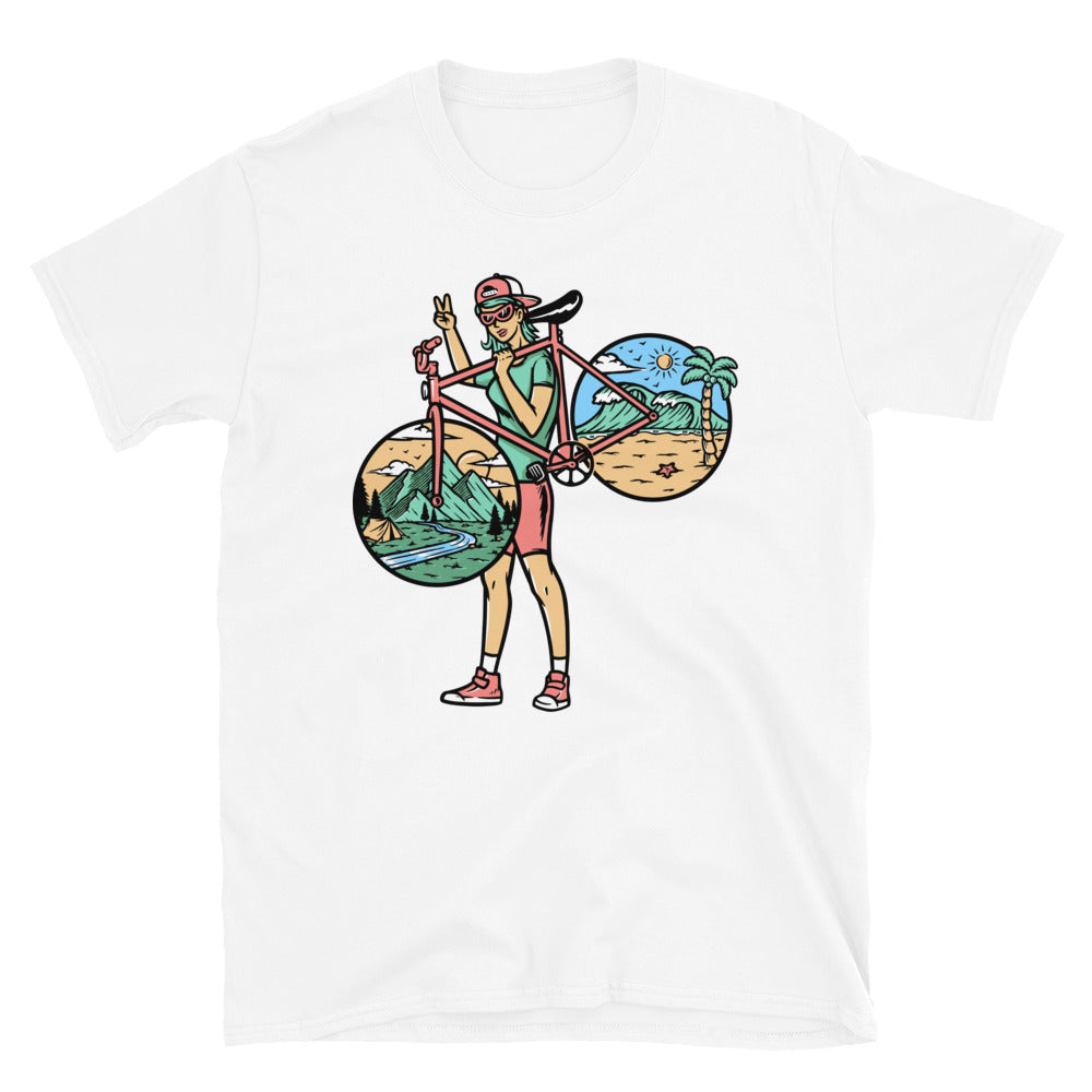 Beautiful Woman and Her Bike - Fit Unisex Softstyle T-Shirt