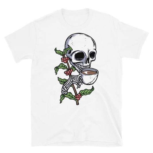 Camiseta unisex Softstyle con diseño de calavera bebiendo café