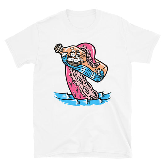 Sailing Ship in Bottle and giant octopus attack Fit Unisex Softstyle T-Shirt