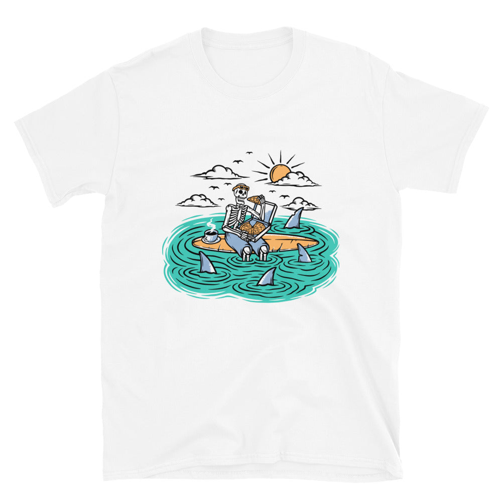 Skull Eating Pizza on Surfboard Fit Unisex Softstyle T-Shirt