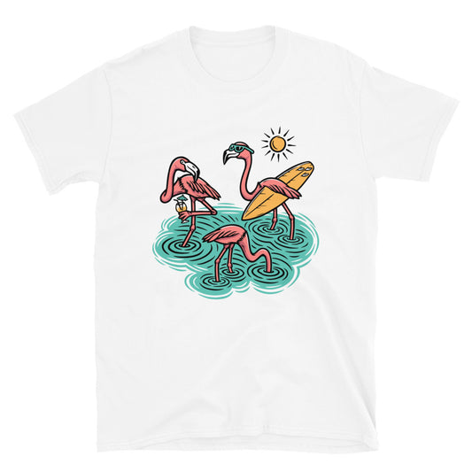 Tres lindos flamencos en la playa Fit Unisex Softstyle Camiseta