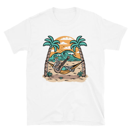 Skull playing guitar on the beach Fit Unisex Softstyle T-Shirt