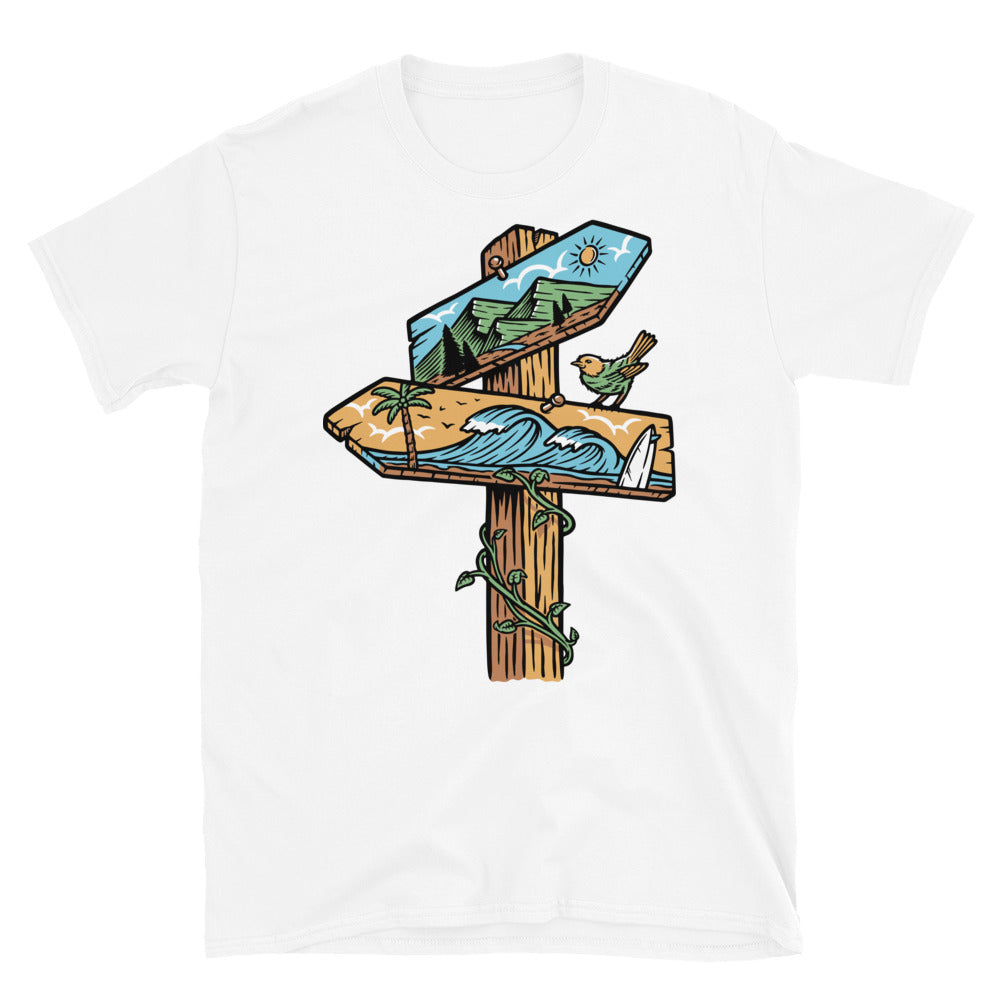 Road signs to mountain and beach Fit Unisex Softstyle T-Shirt