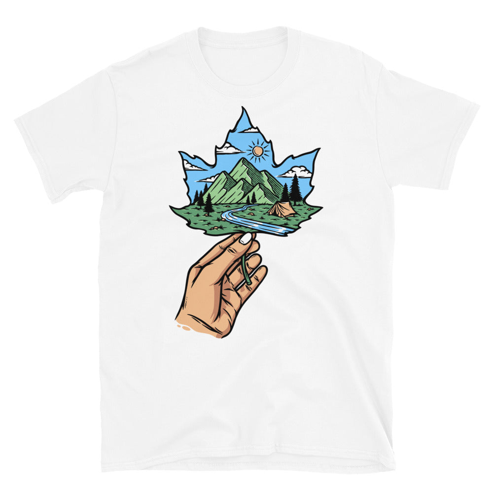 Mountain view on Maple Leaf Fit Unisex Softstyle T-Shirt