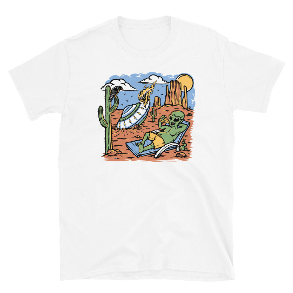 Alien Stranded in Desert with a Pizza - Fit Unisex Softstyle T-Shirt