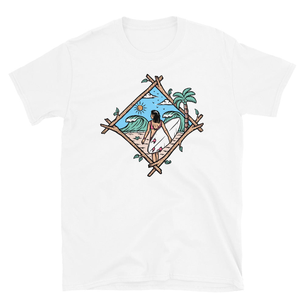 Beautiful Surfer Woman on the Beach - Fit Unisex Softstyle T-Shirt
