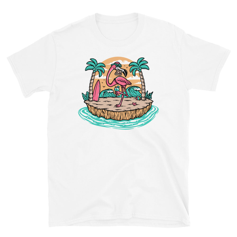 Beautiful Flamingo on the Beach - Fit Unisex Softstyle T-Shirt
