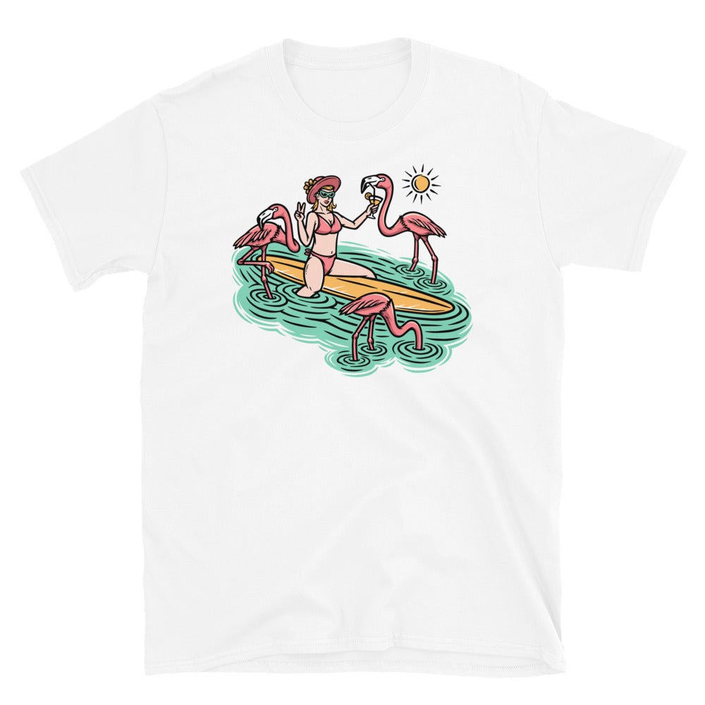 Beautiful Woman and Flamingo on the Beach - Fit Unisex Softstyle T-Shirt